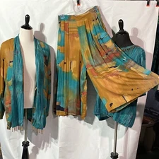 Vintage 90s Hippie Bohemian Art Aztec USA Palazzo Wide Pants Shirt Jacket Set