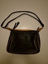 Vintage Gigi Othello Black Leather Shoulder Bag Y2K Tan Trim Zip Handbag