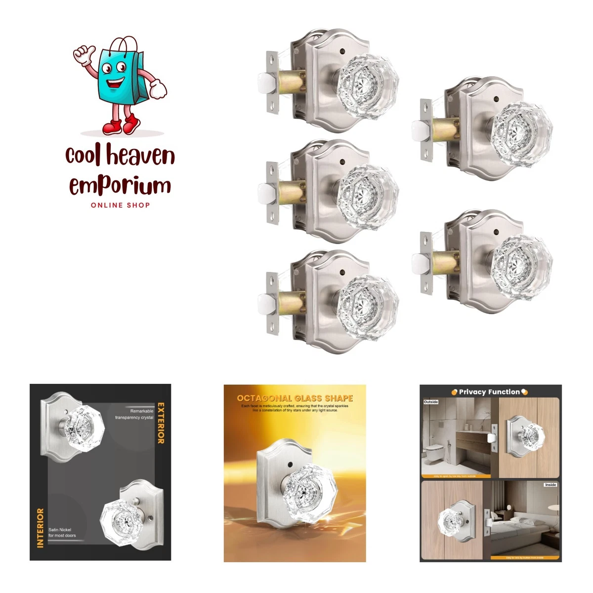 Pomos De Puerta De Cristal Octagonal Dorado - Paso, Para Puertas Interiores, Ajustables, Acabado Latón Satinado