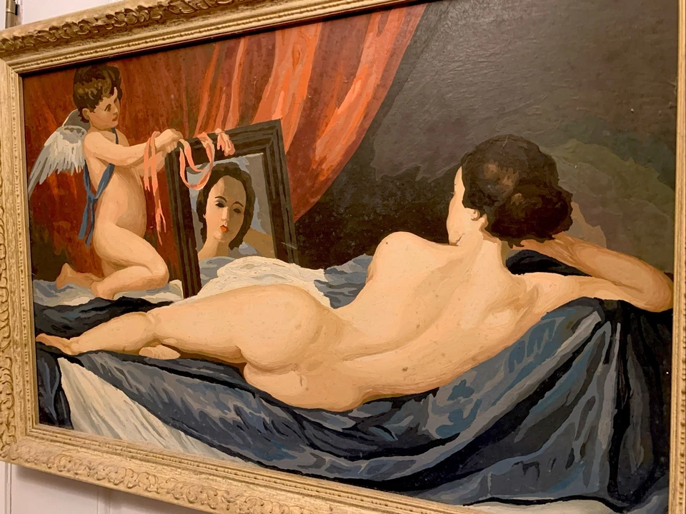 MCM винтажный середины века отдыха обнаженной женщины и Амура портрет картина маслом в рамке - Изображение 4 из 4