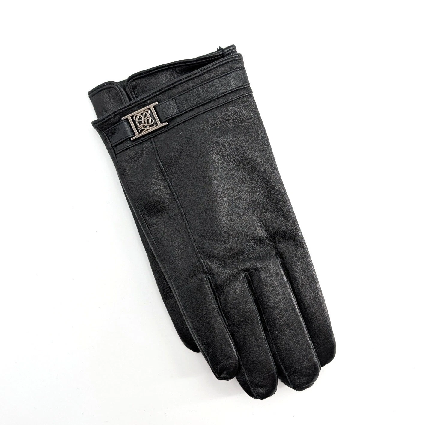 Louis Quatorze Black Sheepskin Leather Gloves Silver Logo Hardware NWT