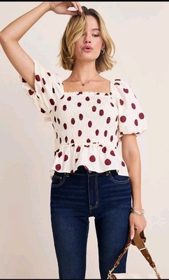 NWT Francesca s White Red Polka Dot Ruffle Smocked Bow Tie Blouse Women's Small