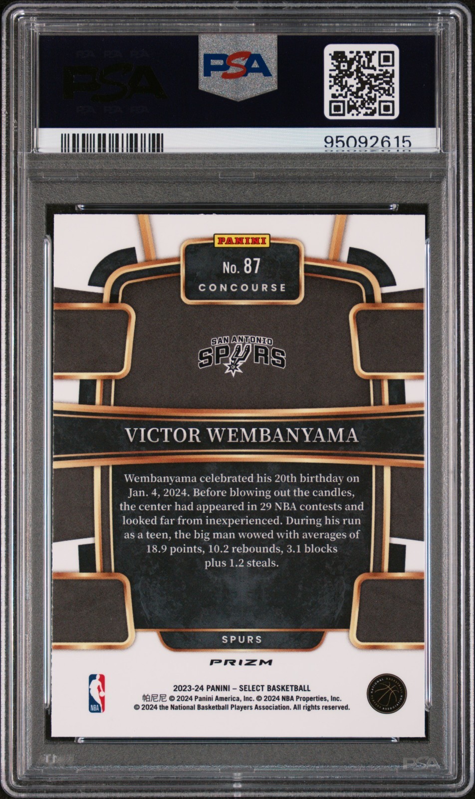 VICTOR WEMBANYAMA 2023 SELECT SILVER PRIZM ROOKIE RC #87 PSA 10 GEM MINT SPURS view 2