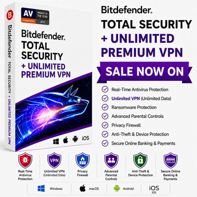 Bitdefender Total Security + PREMIUM VPN - 1 to 2 Years 1 to 10 Devices