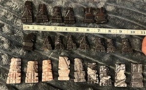 Hand Carved Aztec Style Pink Black Onyx Stone Chess Pieces VTG incomplete AS IS