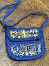Bird Embroidered Blue Crossbody Purse