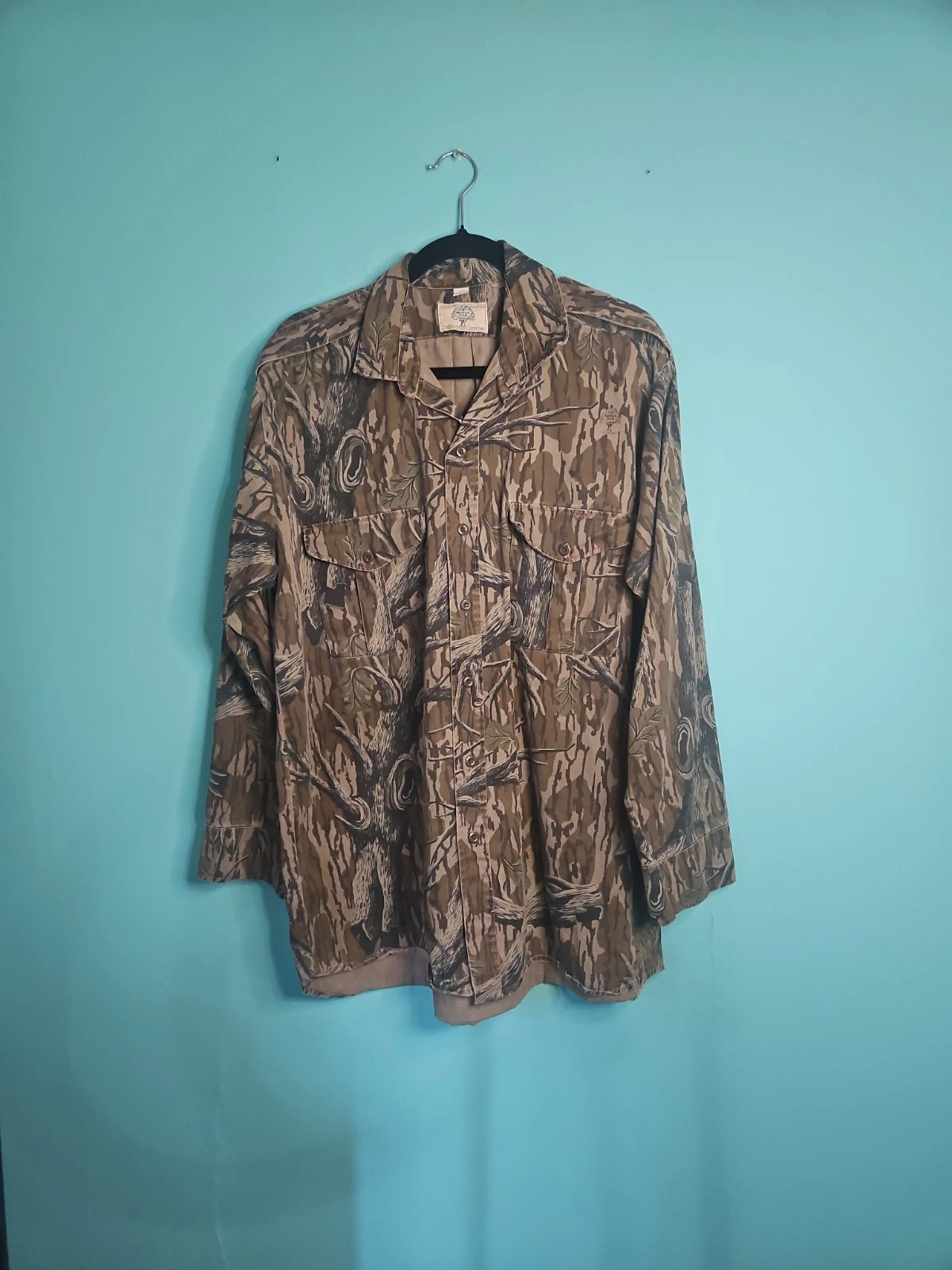 Vintage Mossy Oak Camo Canvas Button Up Shirt Men's Size Medium Treestand USA