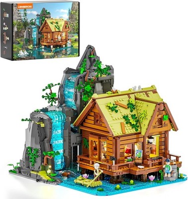 Bauset Wasserfall Cabin 2539 Teile Holzhaus mit Licht Retro Naturkulisse