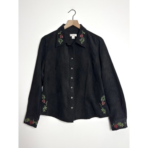 Vintage Christopher & Banks Faux Suede Shirt Floral Needlepoint Black size Large