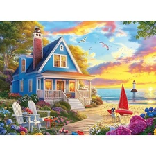 300 Piece Jigsaw Puzzle for Adults – Charming Beach House, Sailboat & Playful D