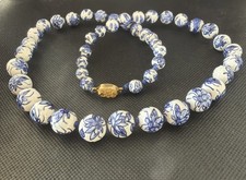 Vintage Chinese Blue and White Porcelain Hand - Knotted Bead Necklace  25" Lotus
