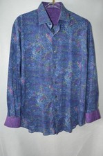 Bugatchi Uomo Shirt Men Large Blue Button Up Floral Shaped Fit Cotton
