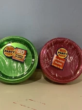 Amscan Big Party Pack 50 Plastic Plates 7'' Green Tint & Pink Tint LOT OF 2