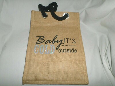 Baby It's Cold Outside Burlap Tote Bag with Dividers Corded Handle Jute Cotton