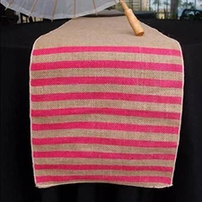 Quasimoon Vintage Burlap Table Runner w/ Fuchsia / Hot Pink Striped Pattern (...