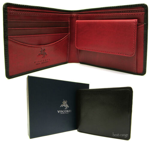 Mens Luxury RFID Wallet Real Leather Black/Red Visconti New in Gift Box TR30 - Afbeelding 1 van 6