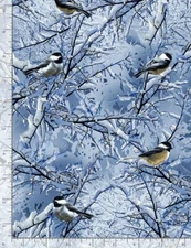 Christmas Fabric | Bird Watching Winter Chickadee Blue | Timeless Treasures YARD