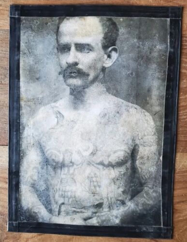 original antique vintage unknown sailor tattoo tattooed man photo 5x7 +lam - Afbeelding 1 van 3