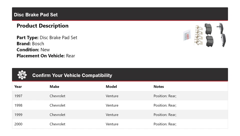 Pastillas de freno de cerámica azul con herrajes traseras para Chevrolet Venture Bosch 1997-2000 Foto 2 de 4