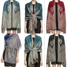 Luxurious Double Layered Big Paisley Jacquard Woven Pashmina Shawl Wrap 80" x28"