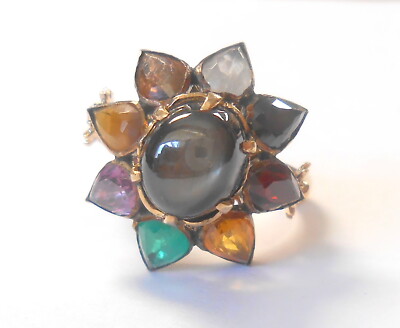 Vint Thai Princess Harem Black Star Sapphire Multi Gemstone 10K Yellow Gold Ring