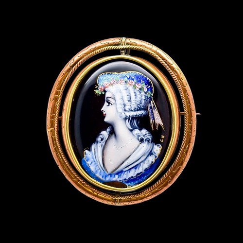 Spilla girevole antica grande smaltata Limoges e-mail D'Art ritratto donna " Gh pollici - Foto 2 di 20