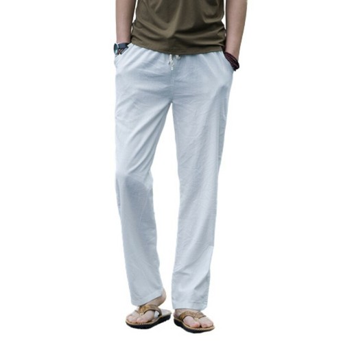 Pantalones De Lino Hombre Verano Estilo Chino Recto Pantalones Cordón Liso  Pantalón D | eBay
