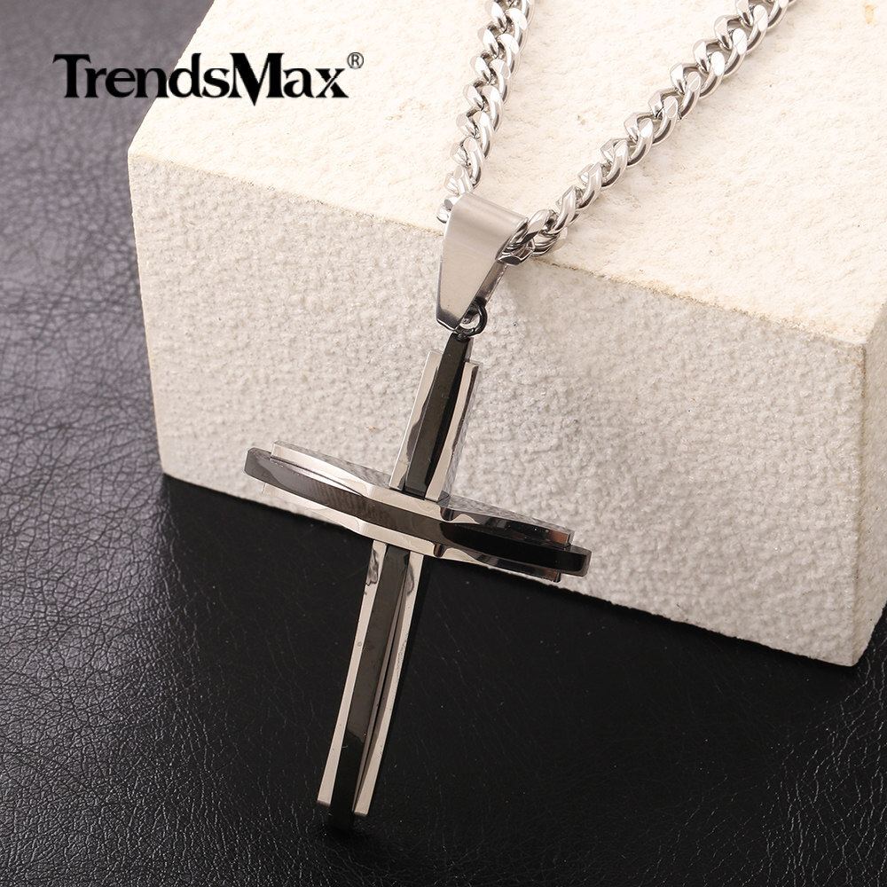 Stainless Steel Cross Pendant Necklace – 18\" Chain, Black/Silver, Lobster Clasp, Men's Or Women's