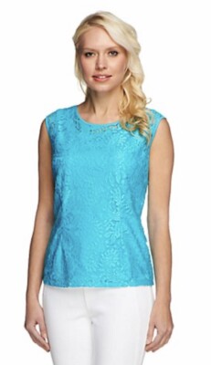 Linea by Louis Dell'Olio Lace Cap Sleeve Top w/ Lining A252346 2X Aqua