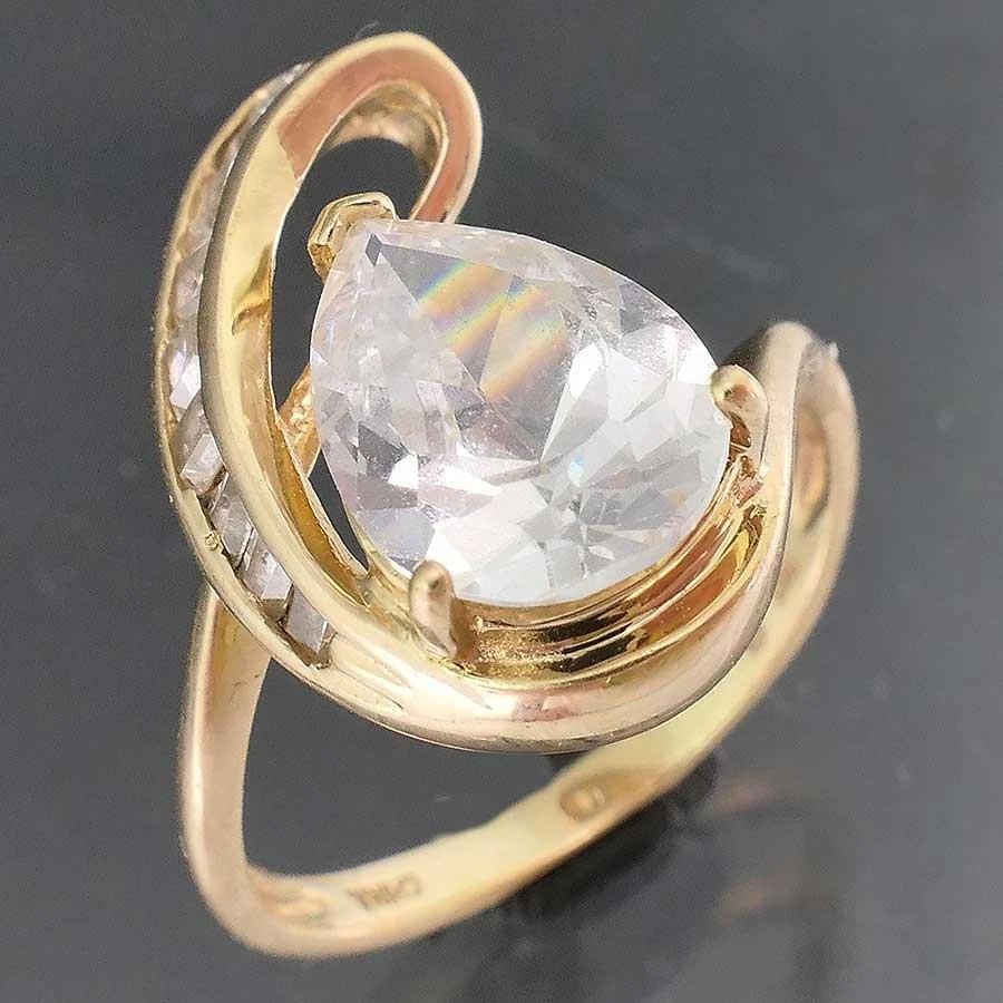 Asymmetric Solid 14k Yellow GOLD Pear CUBIC ZIRCONIA 9 Baguette CZ RING Sz K