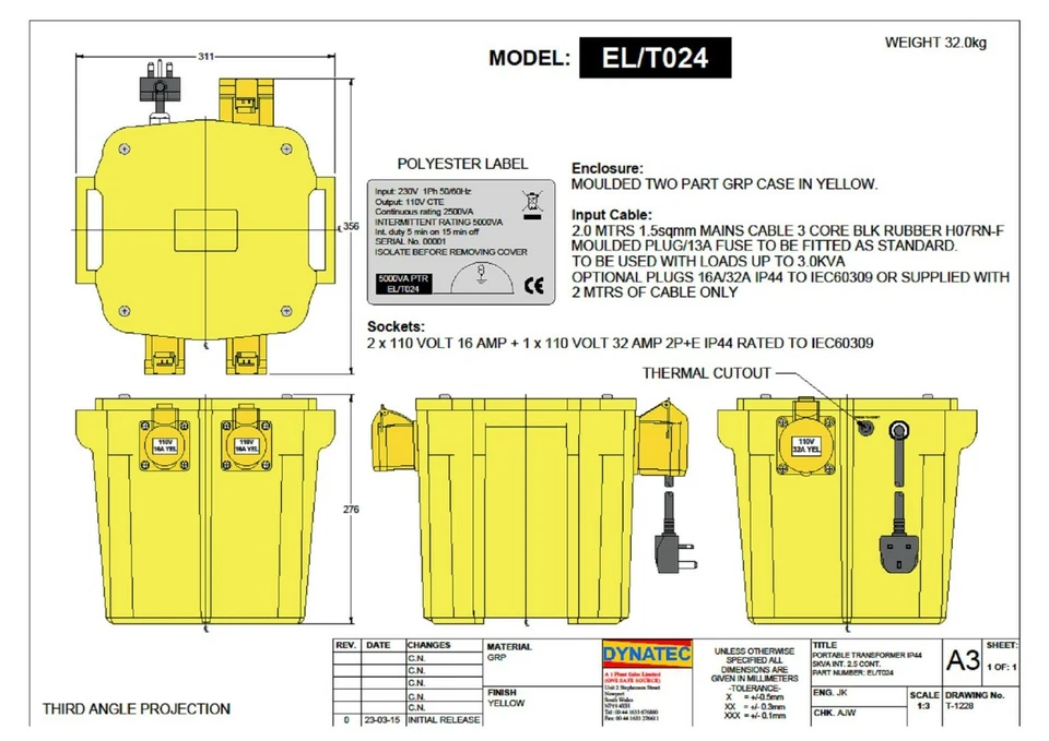 110 Volt Transformer 5 KVA 2 X 16 a & 1 X 32 Amp 110V Single Phase Fits E205042 - Image 2 of 4