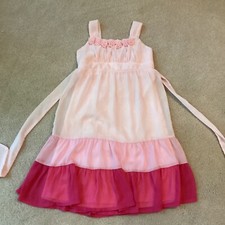 JUSTICE PARTY DRESS, GIRLS 8, SPARKLY PINKS, SASH, LINED, FABRIC FLOWERS FRONT