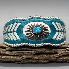 NAVAJO-TURQUOISE LEATHER, STERLING & TURQUOISE CUFF BRACELET by FRANK ARMSTRONG