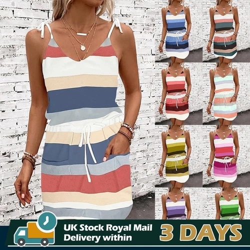 Womens V Neck Stripe Sleeveless Mini Dress Ladies Summer Strappy Casual Sundress