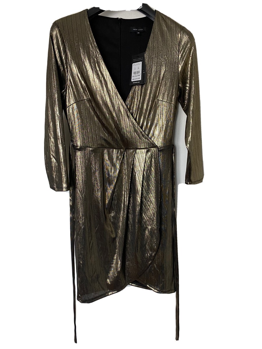 New Look Gold metallic 3/4 sleeve wrap front bodycon dress 10 UK | eBay UK