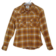 Shyanne Shirt Womens Small Plaid Flannel Button-Up Golden Caramel Brown Western