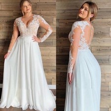Chiffon Lace Appliques Wedding Dresses Long Sleeves V Neck A Line Bridal Gowns