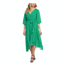 DKNY Pleated Wrap Chiffon Midi Dress Balloon Sleeves Green Size 10