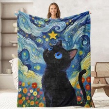 Black Cat Floral Blanket Throw Gifts for Women Men, Gift Who Loves Cats 60 80IN