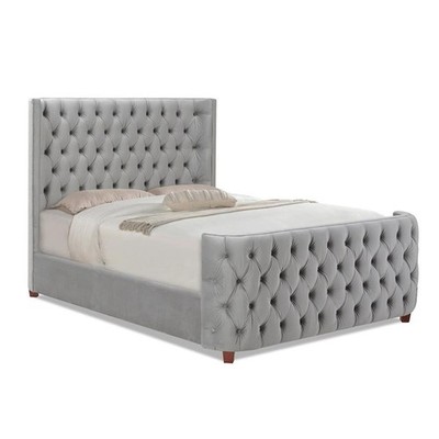 Pemberly Row Queen Tufted Velvet Wingback Panel Bed in Opal Grey