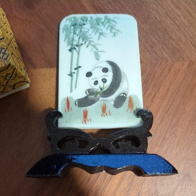 Vintage Marble Paperweight Hand Painted Panda Bear Bamboo Jiangsu China With Box