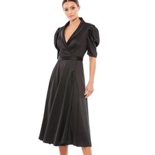 IEENA for MAC DUGGAL SZ 10 Black Satin Puff Sleeve Wrap Maxi Dress NEW $358