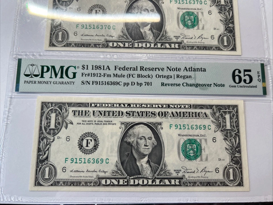 Both! 1981 $1 Federal Reserve Note Fr#-F1912 Reverse Changeover MULE PMG 65! - Image 3 of 4