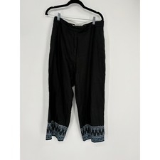 Jillian Jones Pants Womens 10 Black Linen Embroidered Hem High Rise Straight Leg
