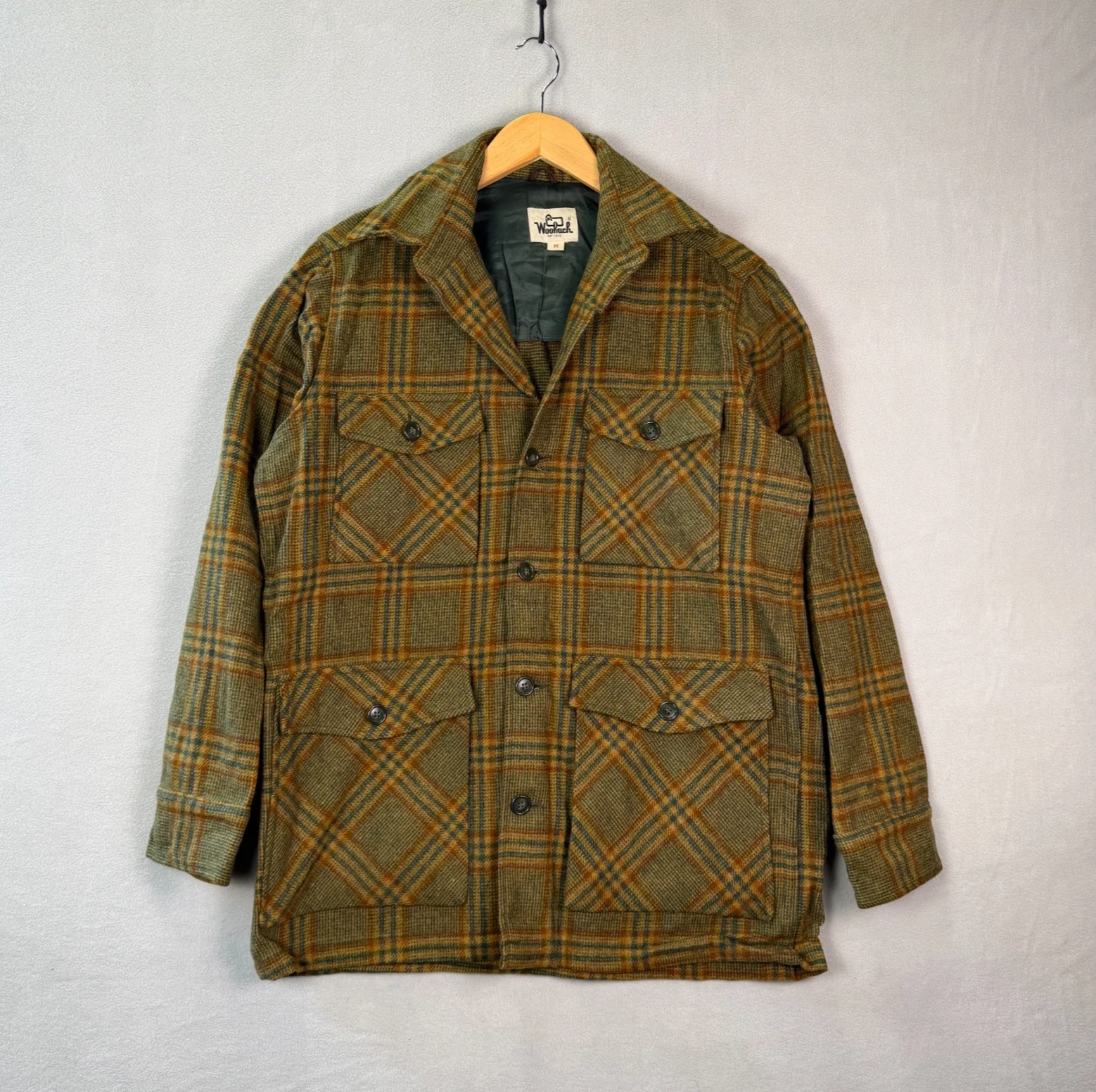 VTG 70s Woolrich Coat Men M 22x30 Olive Plaid Hunting Safari Barn Field 4 Pocket