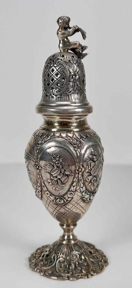 Antigua coctelera de azúcar en polvo alemana de plata 800 Luis XV rococó Repousse del siglo XIX Foto 3 de 4