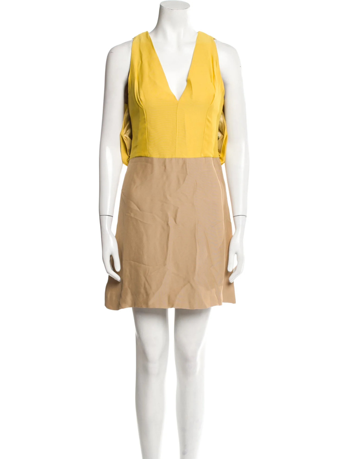 Prada Neutrals & Yellow Pleated V-Neck Mini Dress, Size XS, Sleeveless A-Line