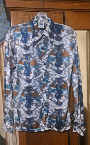 Vtg 70s Kennington Erte Style Art Deco Maiden AOP Button Up Disco Shirt Size S