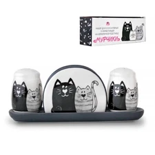 STPGoods Cats Table Accessory Set Ceramic Napkin Holder + Salt Pepper Shaker