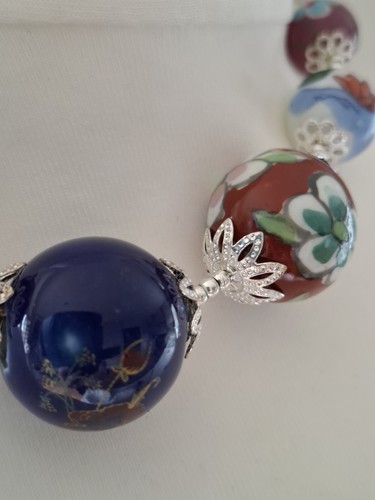 Floral Chunky Bead Necklace Ceramic & Glass Navy Red Lilac - Picture 5 of 7